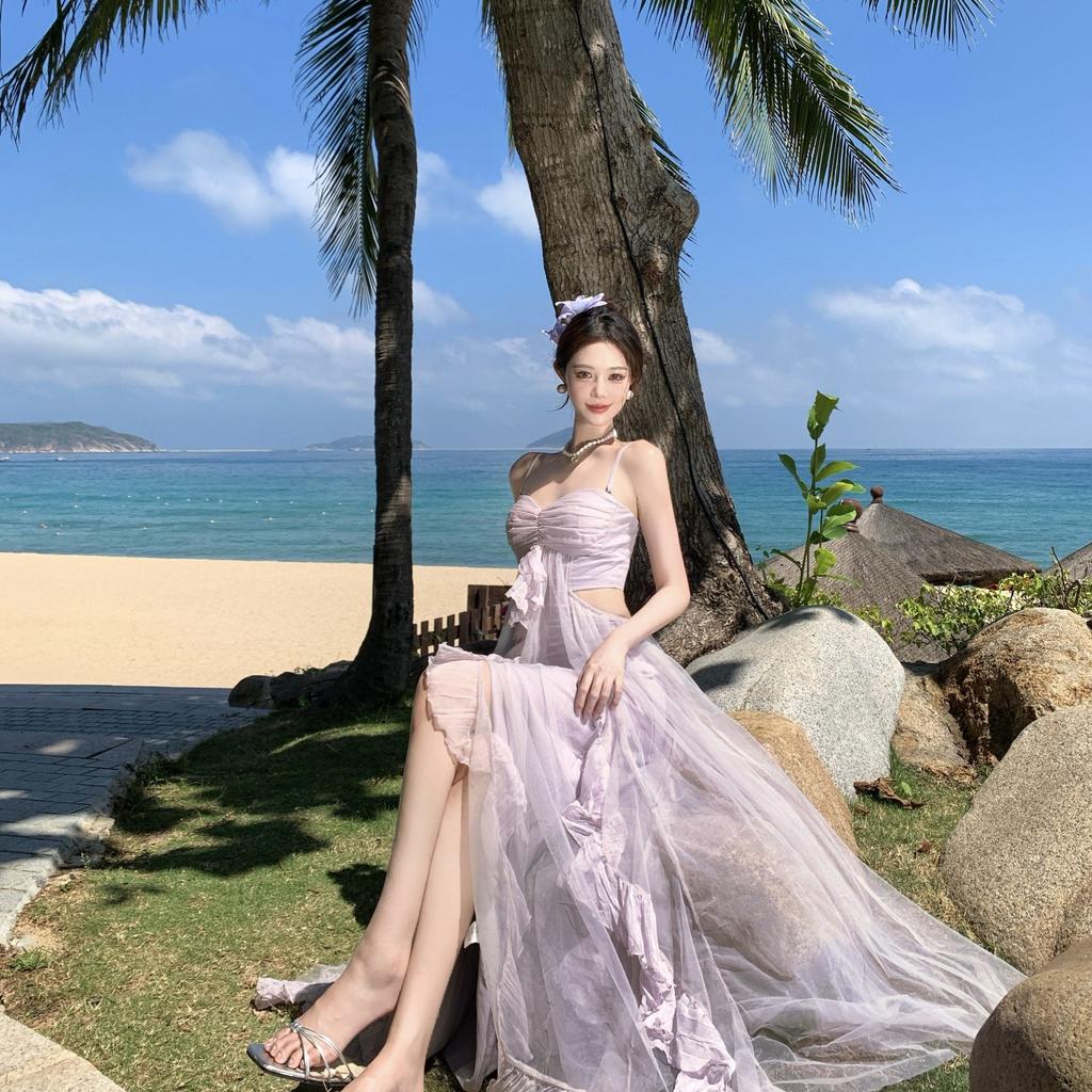 A Skirt with a Bow and Blue Spaghetti Strap Dress for Women, Summer Design Style, Sweet and Spicy, Waist-cinching A-line Long Dress