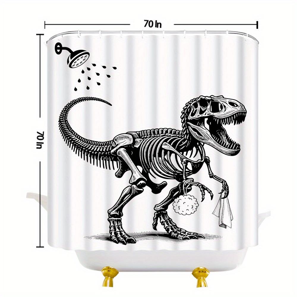 Funny Dinosaur Skeleton Shower Curtain – Black & White Design, 70x70" Polyester with Hooks, Modern Wildlife Bath Decor