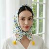 Cotton-Linen Square Scarf Fringed Floral Kerchief Tassel Muffler Neck Neckerchief Sun-Protection