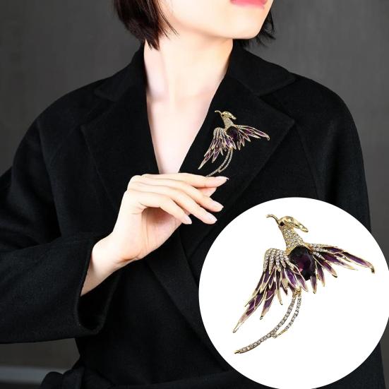 Yousheng Lady Brooch Geometric Shape Electroplating Faux Crystal Elegant Glitter Clothing Matching Dress Up Phoenix Bird Corsage Brooch Jewelry
