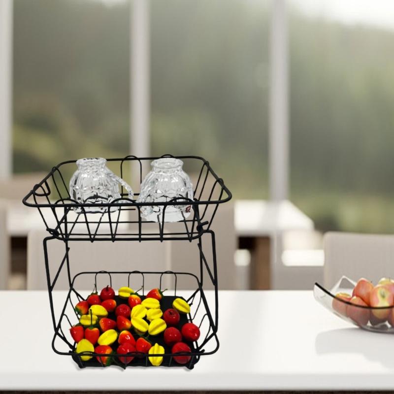 2 Layer Iron Fruit And Vegetable Holder For Countertop Organizing With Rusts Resistant Coating Tiered Fruit Basket