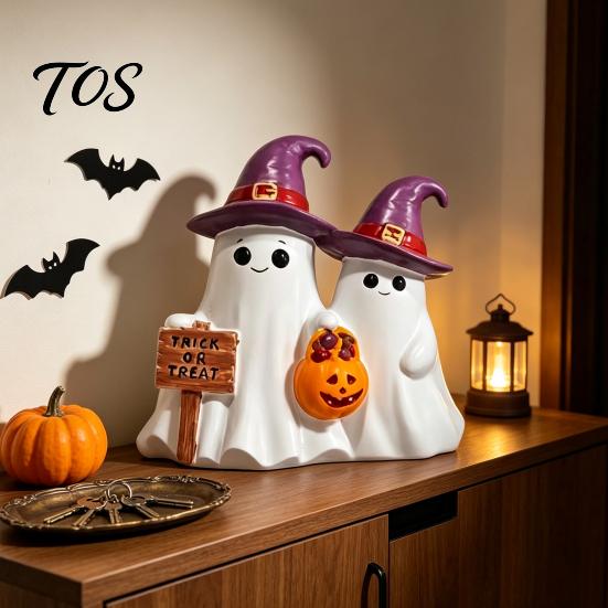 Durable Resin Ghost Figurines Halloween Figurine, Cute Spooky Statue with Wizard Hat Statues Witch for Table, Tiered Tray, Kitchen, Bedroom