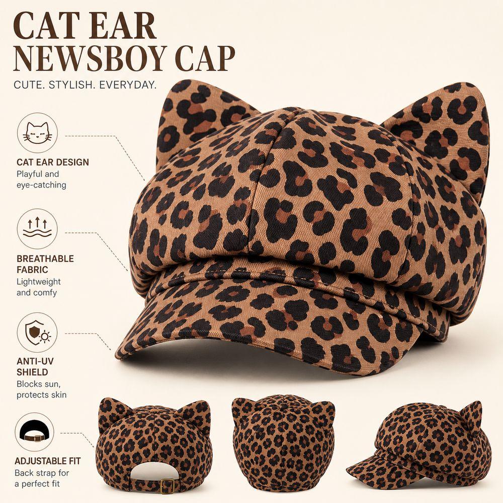 Leopard Print Beret Cap Anti-UV Painter Hat Fashion Cat Ear Hat Outdoor Sports