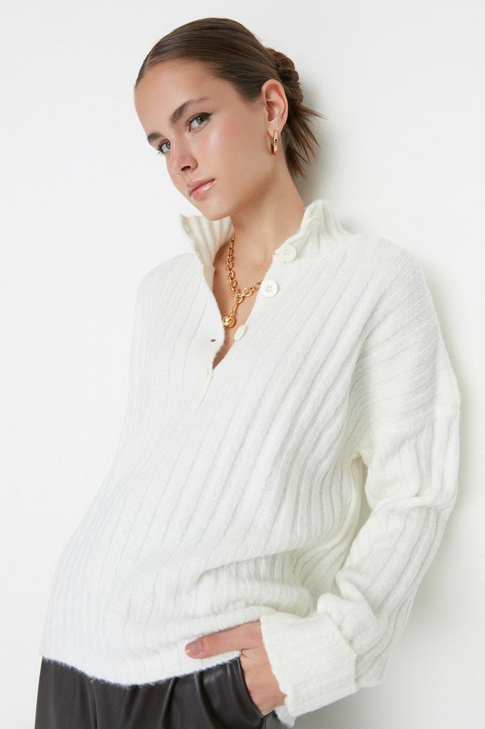 Women's Fashionable Stylish Sweater Stone Wide Fit Soft Textured High Collar Knitwear Sweater