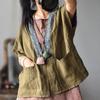 Frühling Herbst V-ausschnitt Patchwork Single Button Baumwolle Leinen Strickjacke Vintage Westen Lose Frauen Mäntel