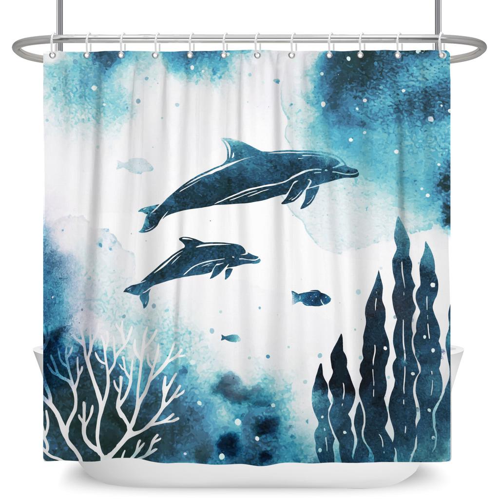 Underwater World Theme Bathroom Shower Curtain Sharks Turtles Jellyfish Decor Waterproof Bathroom Polyester Curtain With Hooks