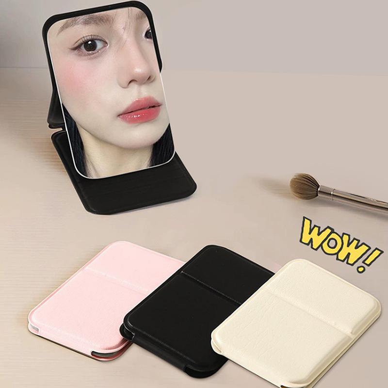 Desktop Mini Foldable Makeup Mirror Solid Color Pu Leather Simple Portable Wear-Resistant Student Compact Handheld Makeup Mir