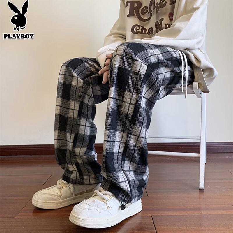 PLAYBOY Unisex Plaid Straight-Leg Casual Sweatpants