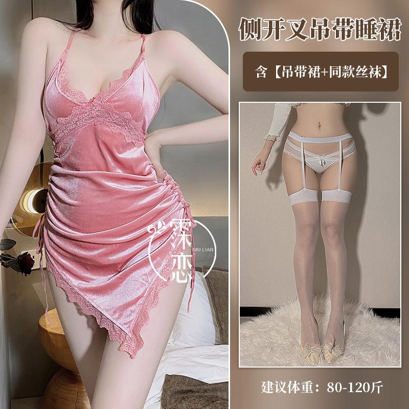 Sexy lingerie side split suspenders deep V backless pure lust sexy hot flirting female temptation