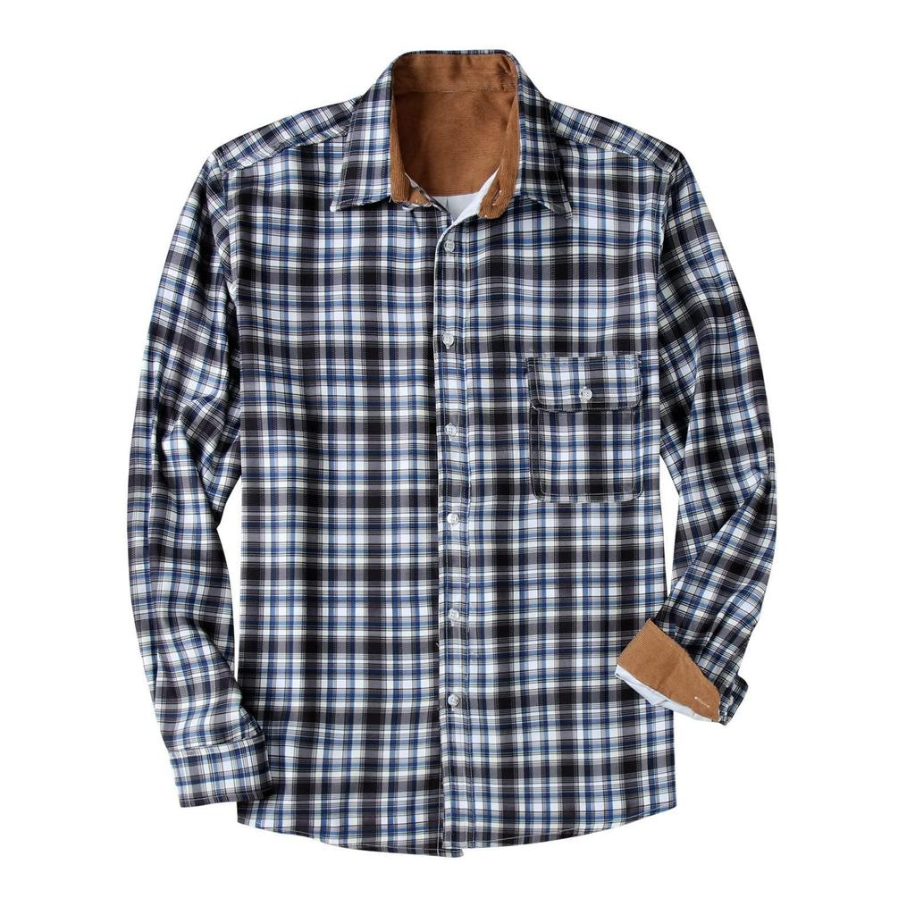 Men's Fashion Casual Loose Plaid Pocket Lapel Long Sleeve Shirt Top Blouse