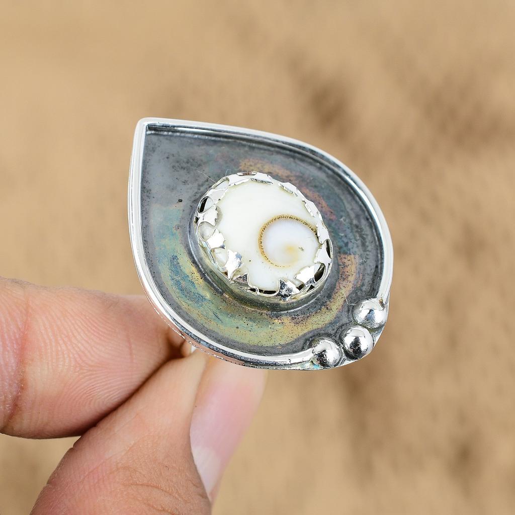 Natural Shiva Eye Shell Gemstone Promise Adjustable Ring 925 Silver For Women