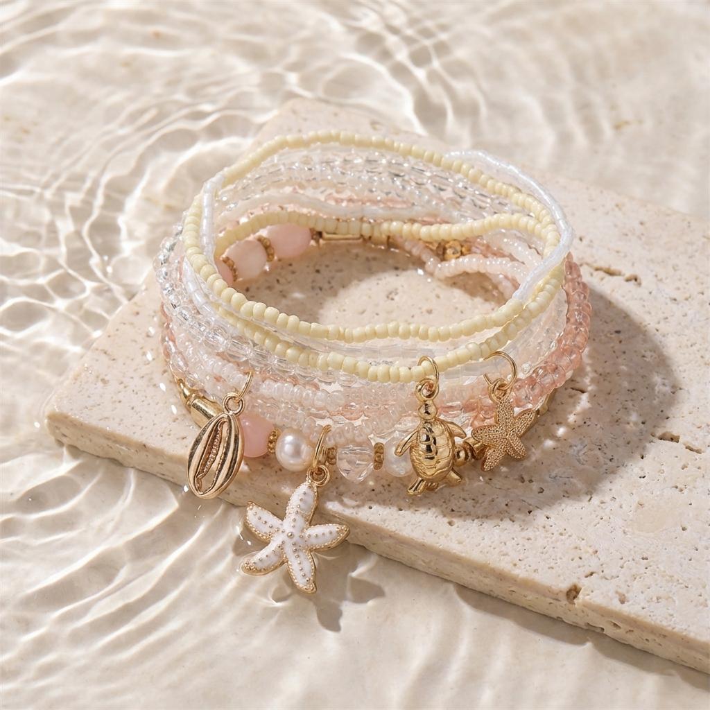 Elegant Imitation Pearl Starfish Beads Bracelet Set for Women Cute Shell Sea Turtle Elastic Bracelets Beach Party Jewelry Gift
