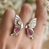 Vintage Silver Color Flower Butterfly Rings for Women Trendy Round Inlaid with Red Stone Adjustable Party Rings Jewelry