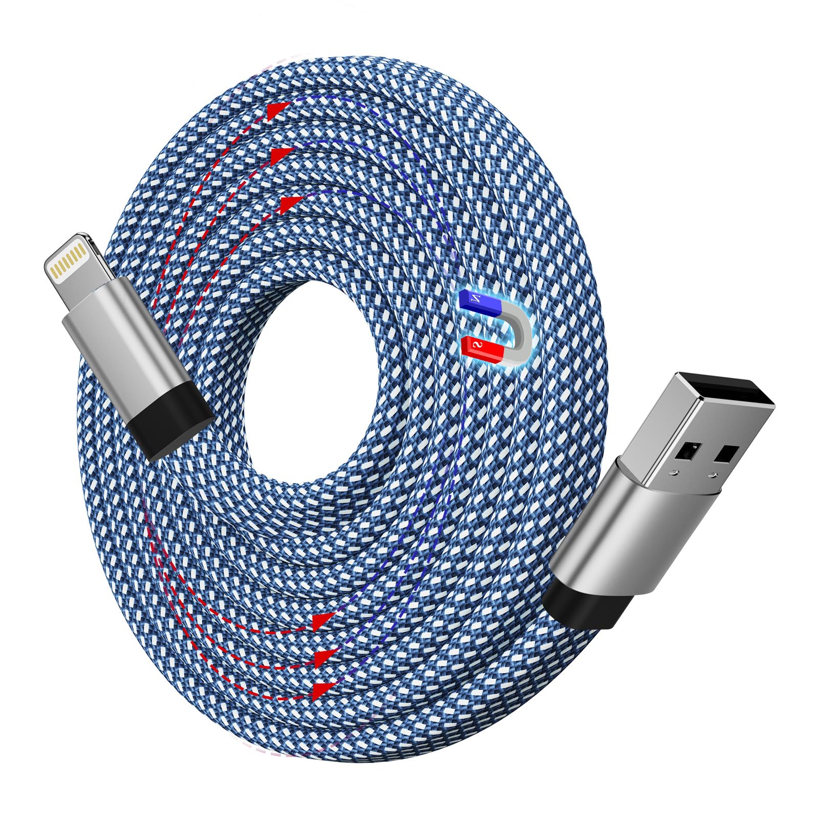 

Magtame Зарядка для iPhone Автоматический Lightning MFi Быстрая Совместимая с iPhone 1,5 м Кабель, Плоский, Магнитный, Втягивающийся, Кабель, Сертифицированный, Не запутывающийся, синий