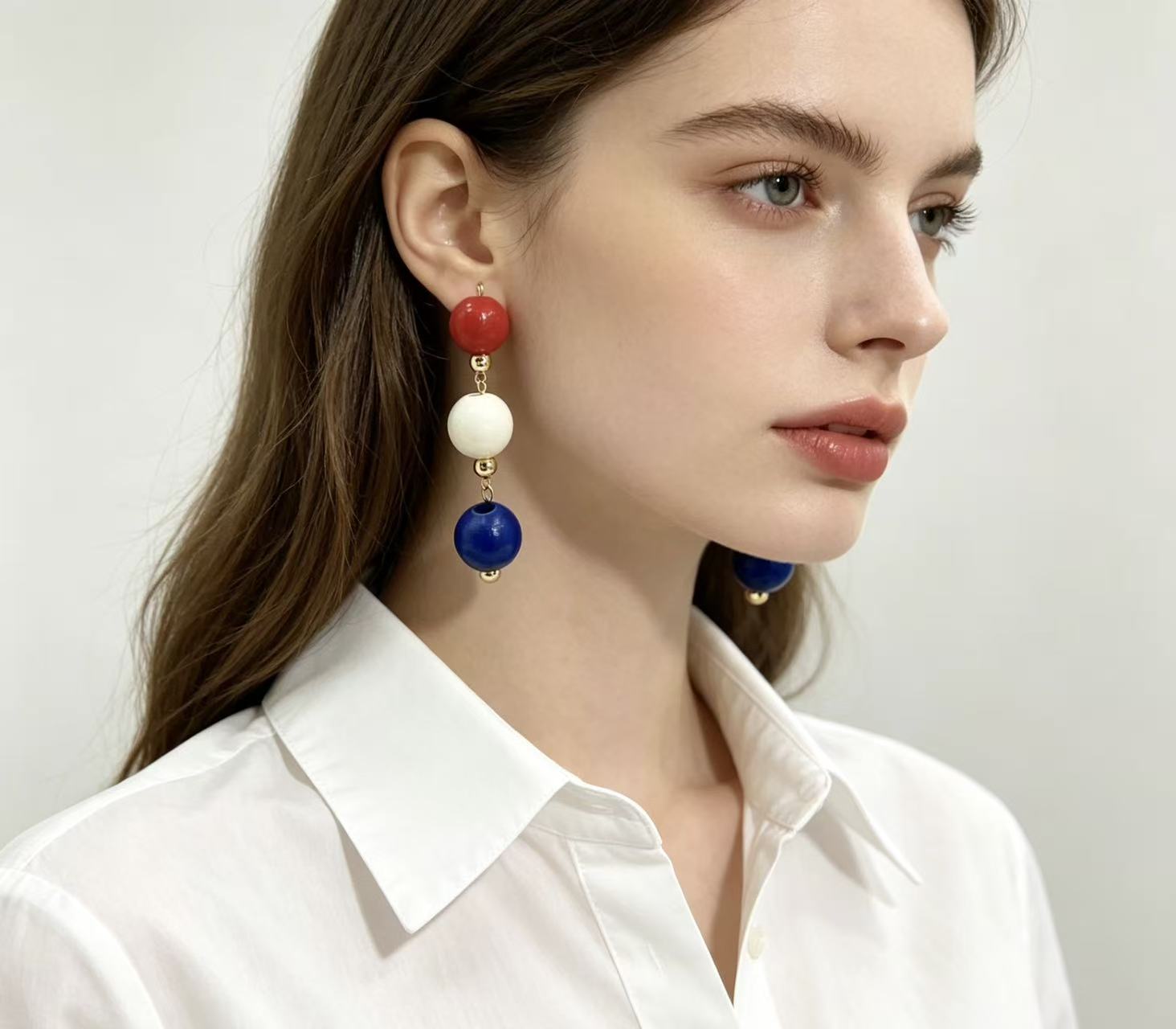 

European and American style red, blue, and white three color round bead earrings, long hanging wooden earrings, party and vacation style earrings