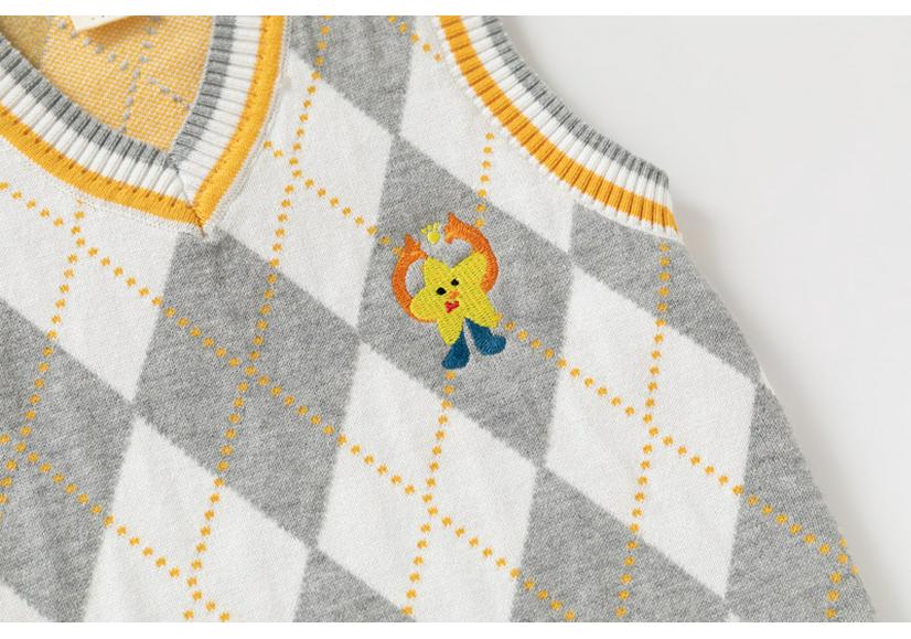 Tengyun Boys' Argyle Cartoon Knit Vest - Double Layer Cotton Yarn, School Style