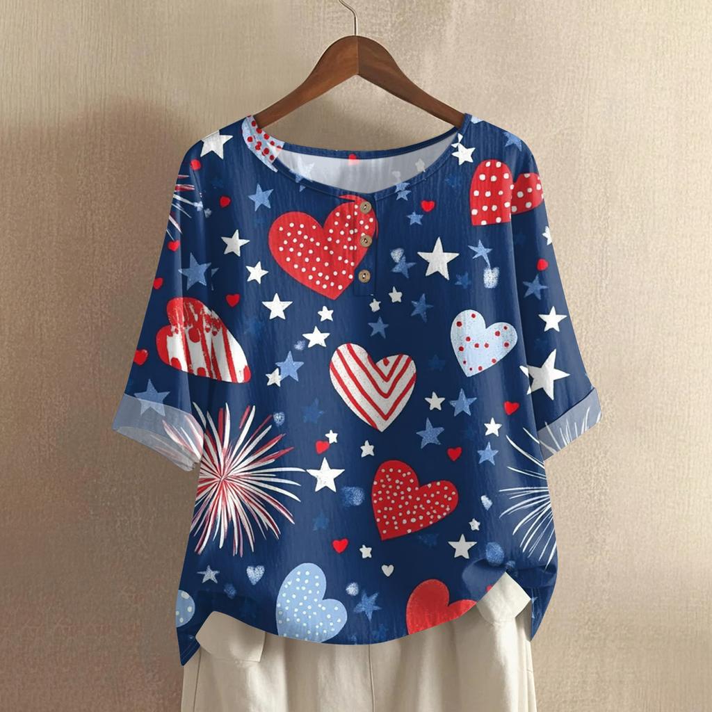 Women's Fashionable And Casual Shirt Half-sleeve Round Neck Print Cotton And Linen Blouse Top