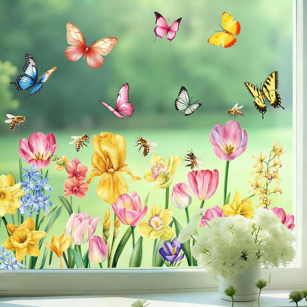 2026 Spring Window Stickers: Butterfly Flowers & Hummingbirds, Double-sided Glass Decoration for Living Room