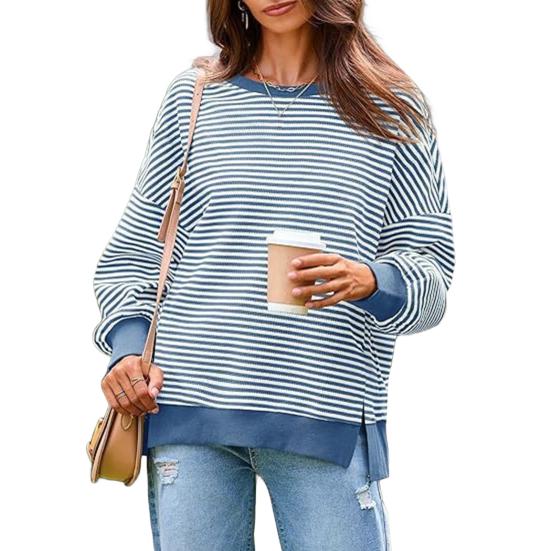 Women Striped Oversized Sweatshirt Long Sleeve Crewneck T-Shirt Split Hem Waffle Knitted Tunic Top Casual Fall Sweater
