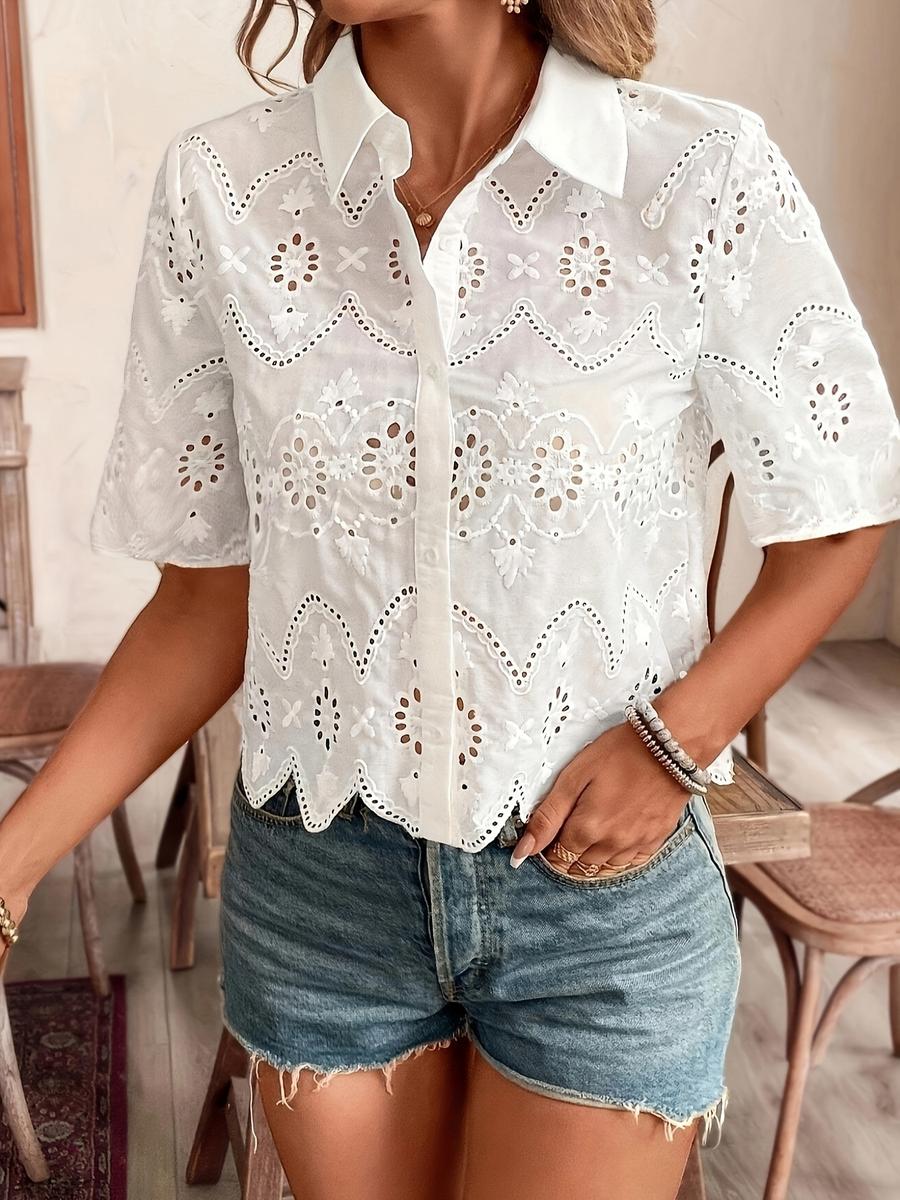 

New Spring Summer Women s Clothing New Solid Lace Trim Hollowed Out Short Sleeve Casual Top XL білий