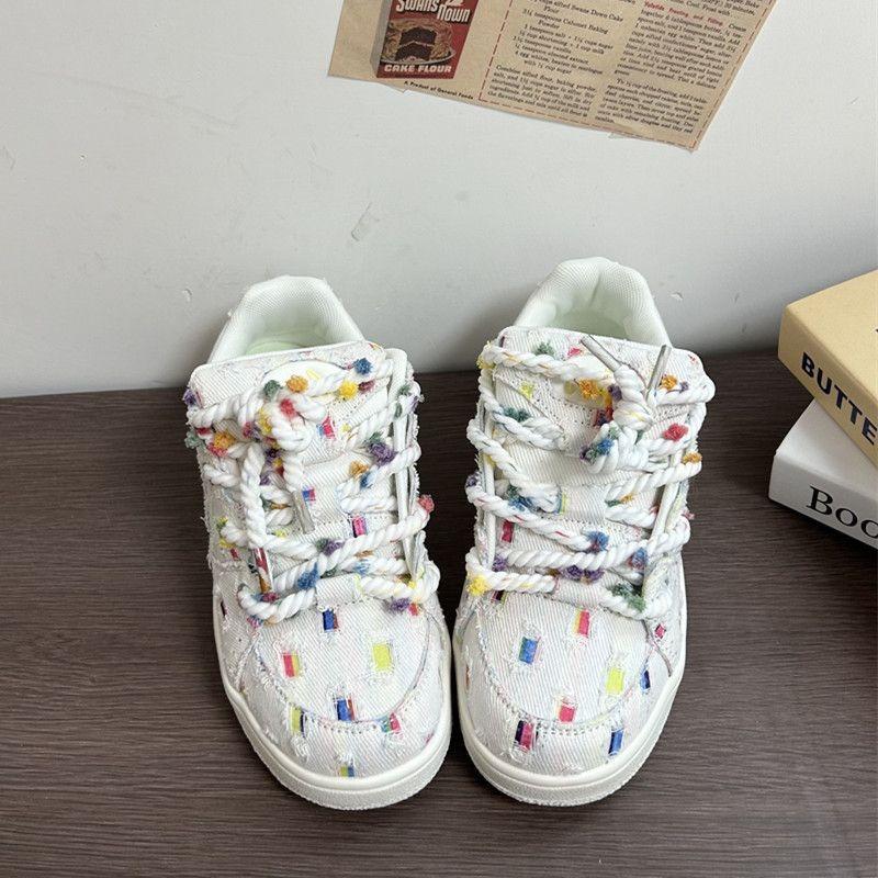Fairy Bean Rainbow Grid Canvas Board Shoes Women's Summer Breathable Platform White Student Shoes Versatile Niche Sports and Leisure Shoes