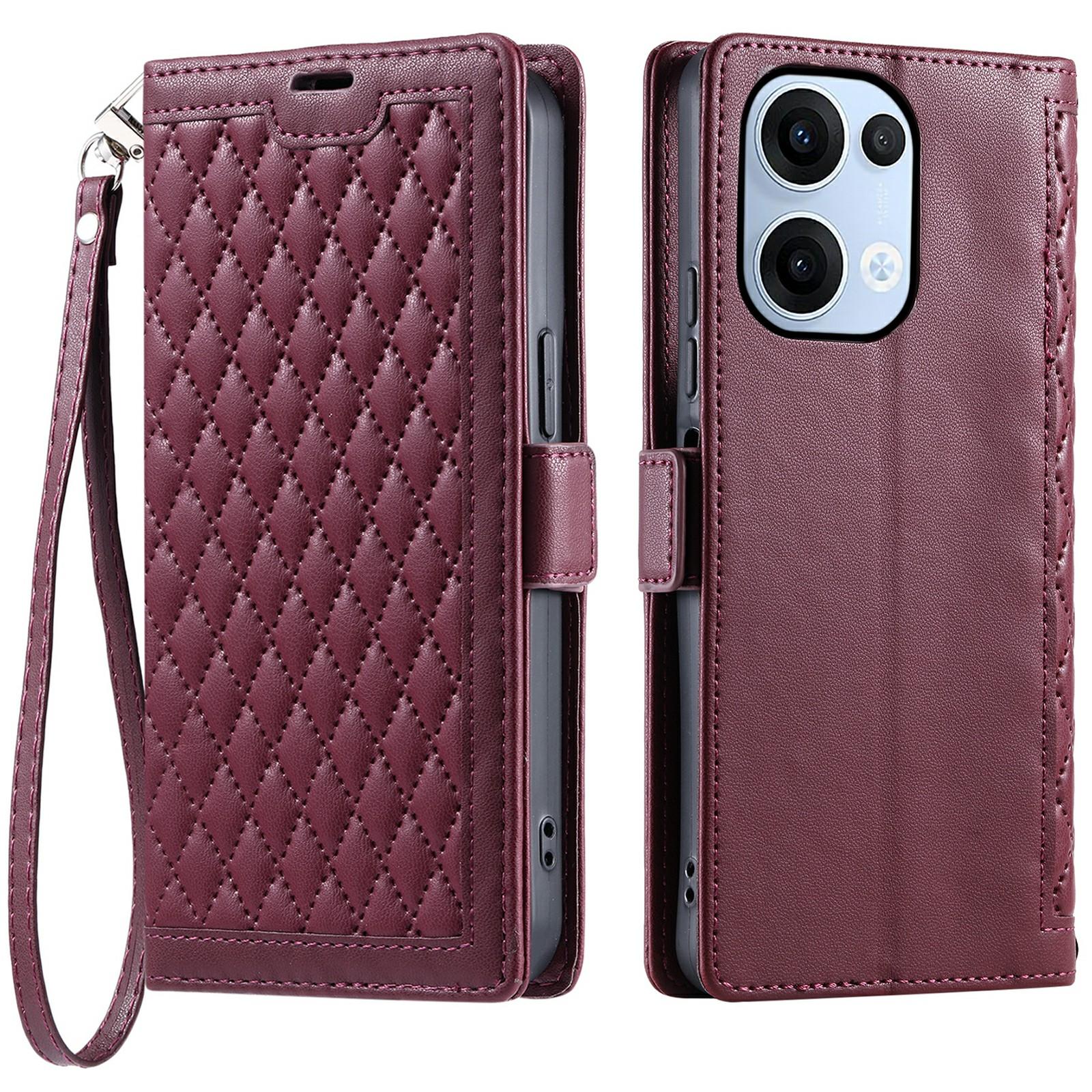 

Для Oppo Reno13 5G (Глобальний) Шкіряний чохол з ромбовидною текстурою, гаманець-підставка, чохол для телефону з ремінцем на зап ястя D