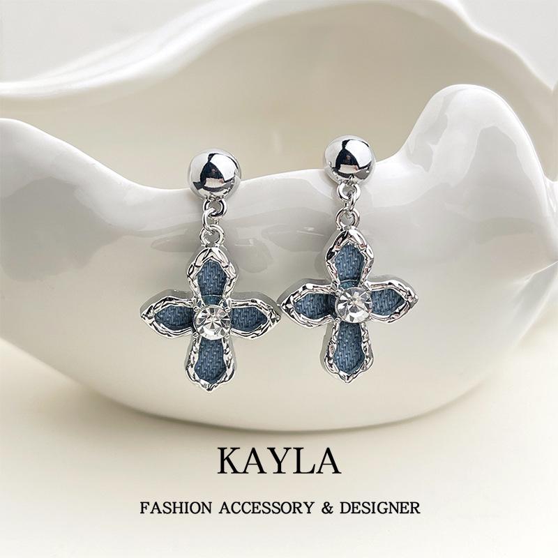 Stylish Denim Blue Cross Stud Earrings: Niche, Sweet, Cool, and Exaggerated High-Class Feel for Women
