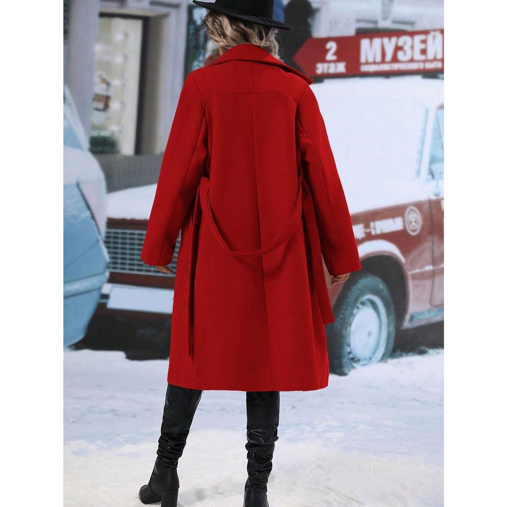 2025 Autumn Winter Women's Double-Breasted Wool Blend Trench Coat, Belted Waist Elegant Overcoat with Notched Lapel, Classic Office Chic Outerwear