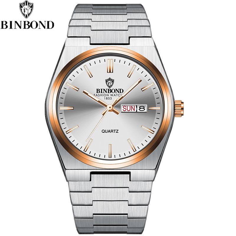 

BINBOND Fashion New Men Business Watch Leisure Quartz Stainless Steel Buckle Watches Waterproof Luminous Calendar Men s Watches білий/рожевий колір золота