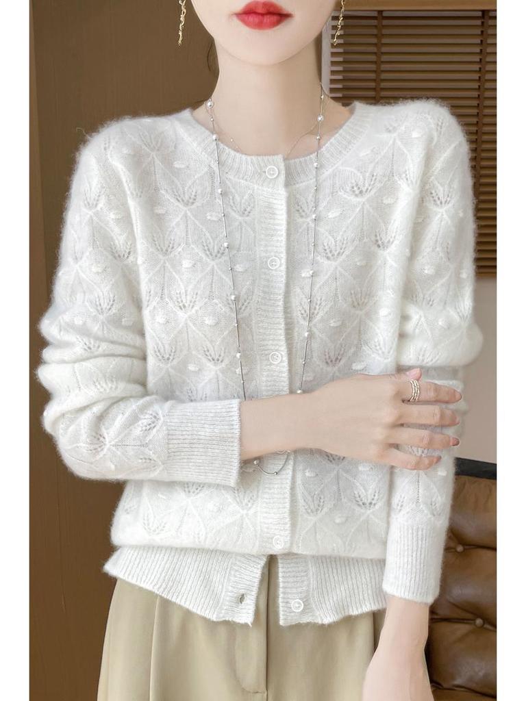 2024 Early Autumn Women's Merino Wool Round Neck Knit Cardigan with Hollow Details