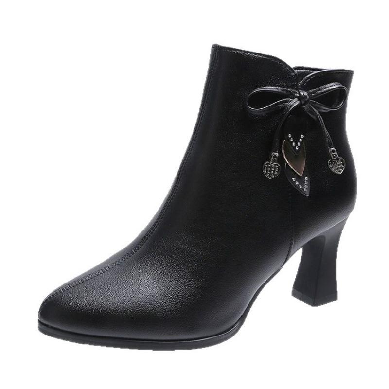 New Velvet Women's Soft-soled Short Boots Leather Shoes Autumn and Winter Versatile Temperament Zipper Pointed High-heeled Martin Boots Women