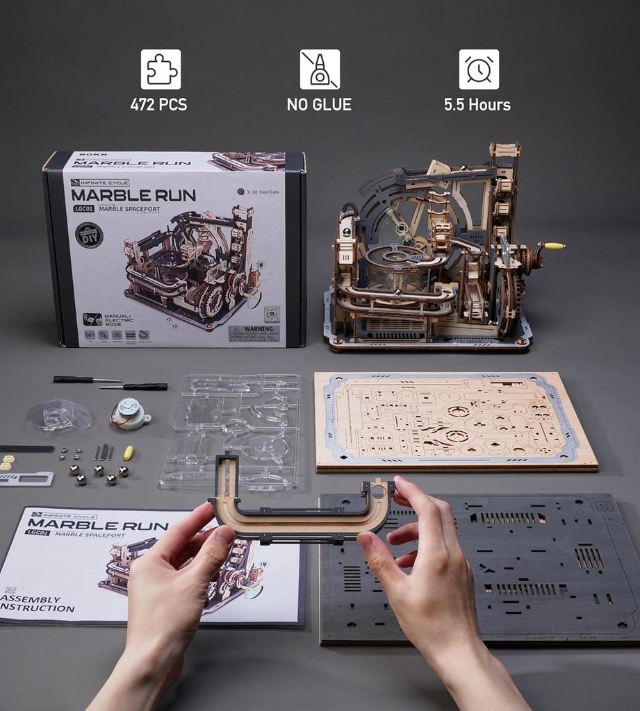 Robotime Rokr Electric Model Kits Marble Spaceport 3D Puzzles Brain Teaser Wooden Puzzles Building Toy Gifts for Men/Women/Teens