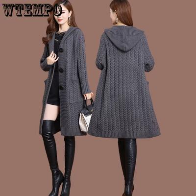 Retro Twisted Knitted Cardigan for Women Large-sized Mid-length Sweater Coat Autumn and Winter Wear Knee-length Hooded Knitted Overcoat