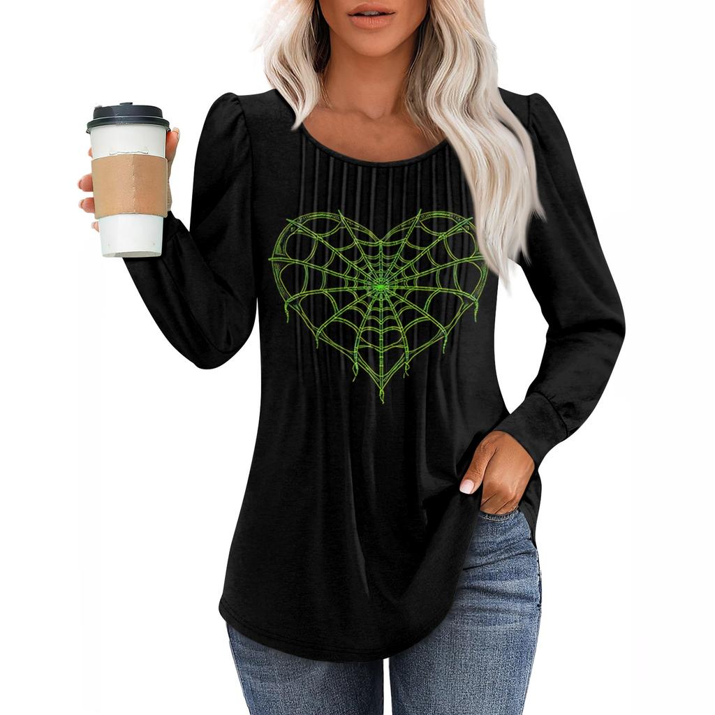 Women's Casual Fashion Long Sleeve Print Pleated Round Neck Shirt Casual Tops