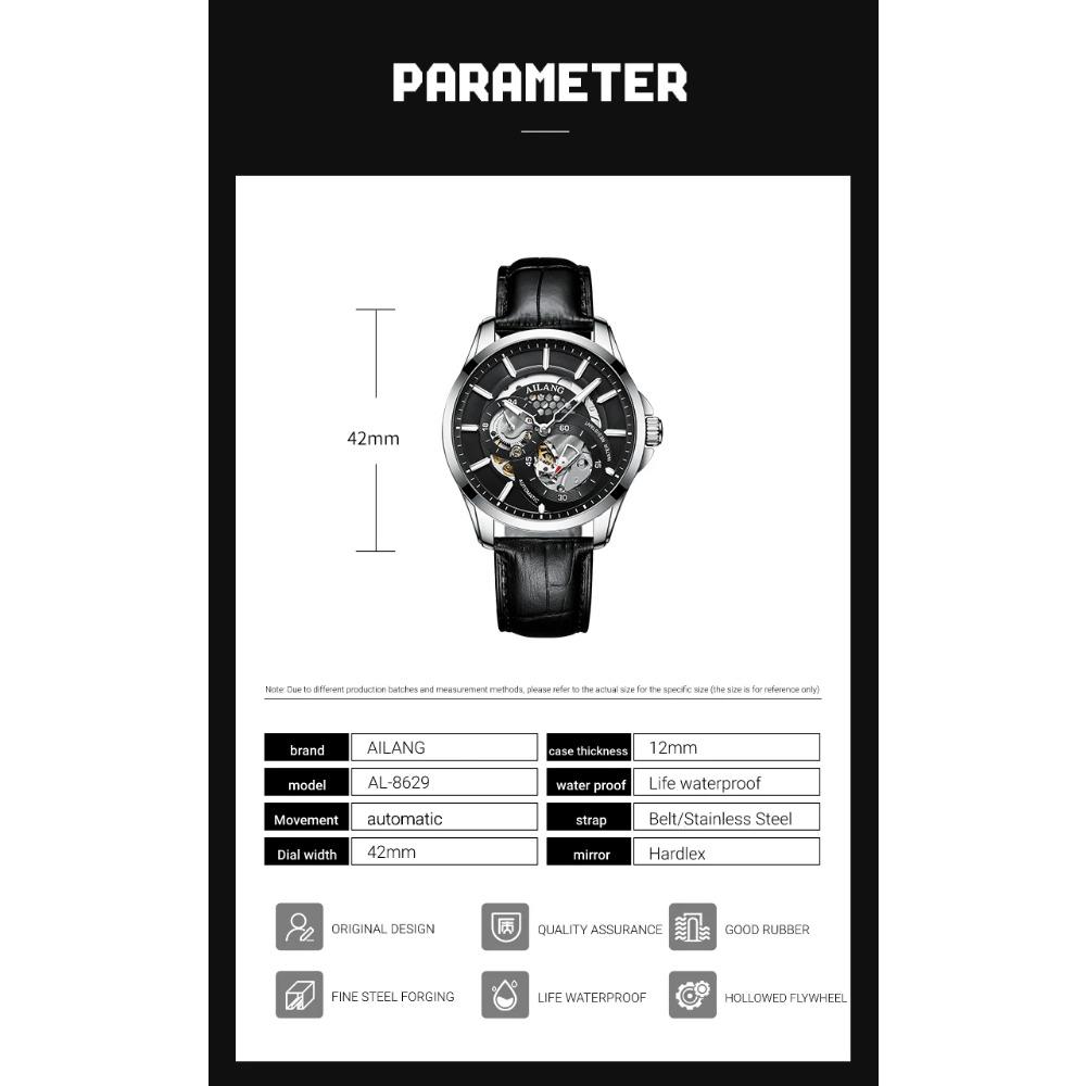 AILANG Men Automatic Mechanical Wristwatch Hollow Skeleton Dial Stainless Steel Band Business Sport Male Watch