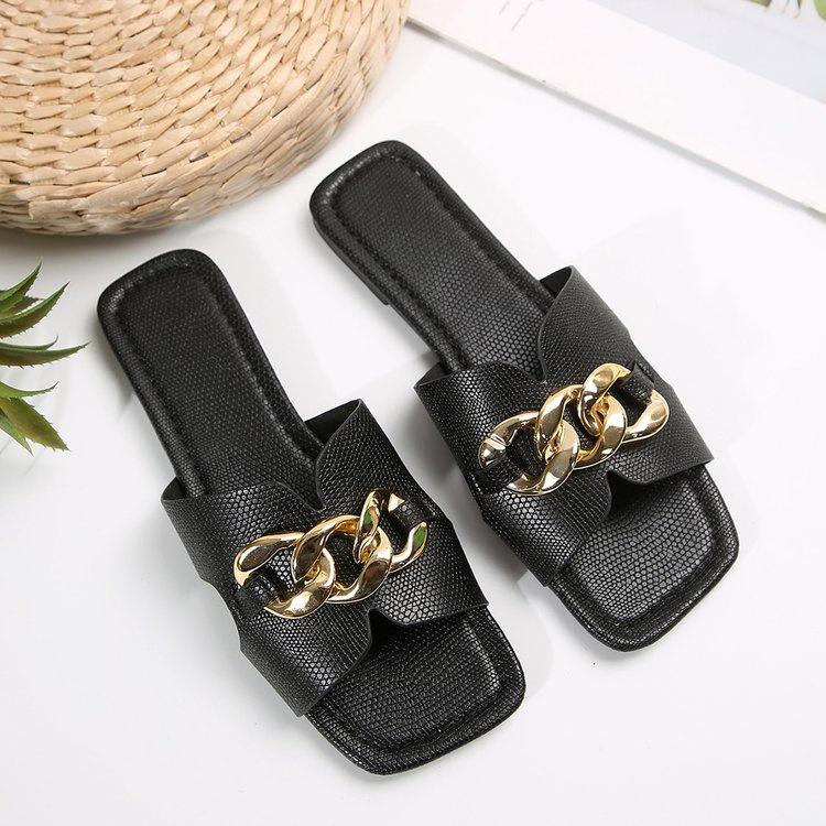 22 Large Size Flat-bottomed Slippers Flat-bottomed Light Chain Square Head One-character Casual Sandals