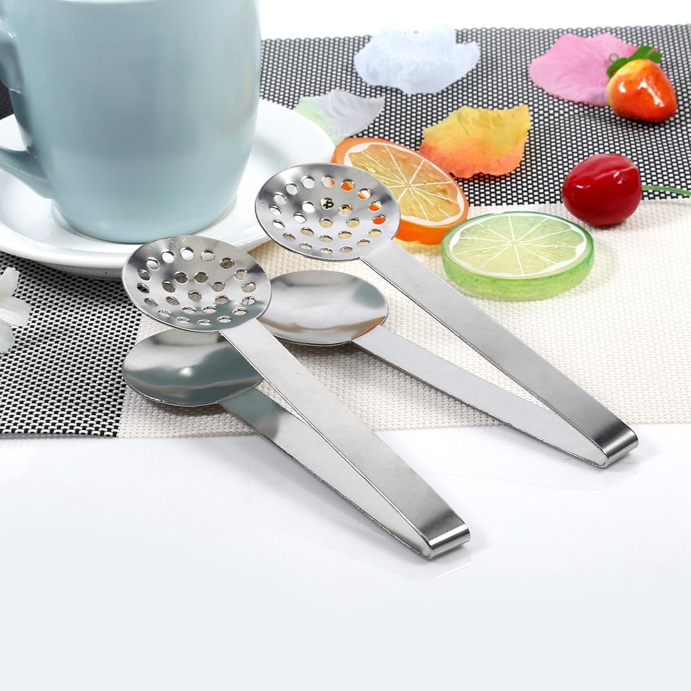 2pcs Kitchen Craft Tool Stainless Steel Round Tea Bag Tongs Squeezer Holder Grip