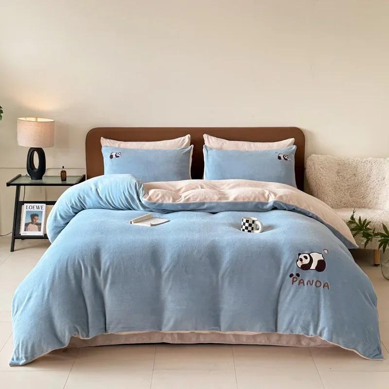 2025 high gram weight thickened warm cute cartoon milk fleece four-piece set embroidered baby fleece double-sided fleece bedding