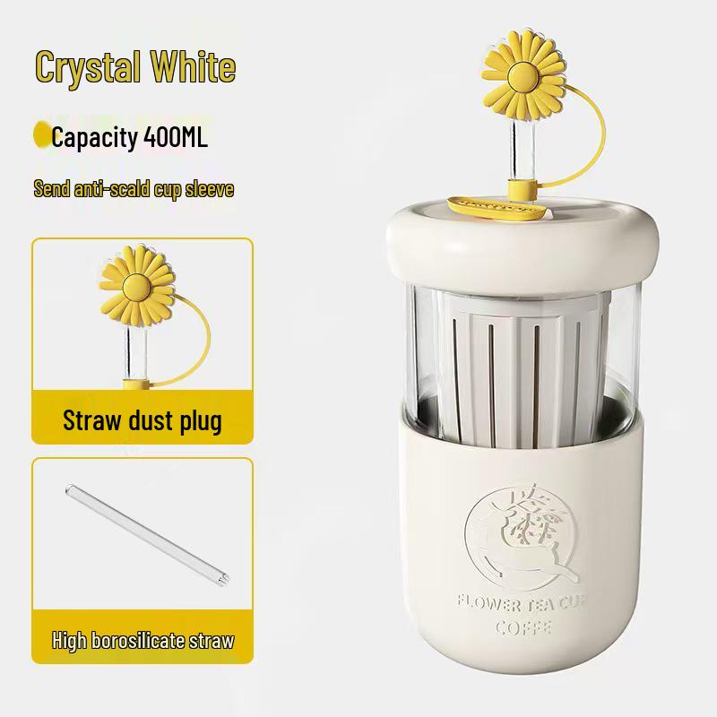 Charming Floral Tea Cup with Sleeve - Lemon Portable Mug for Milk, Coffee, Tea, Water; Includes Straw for Separation, Large Capacity.