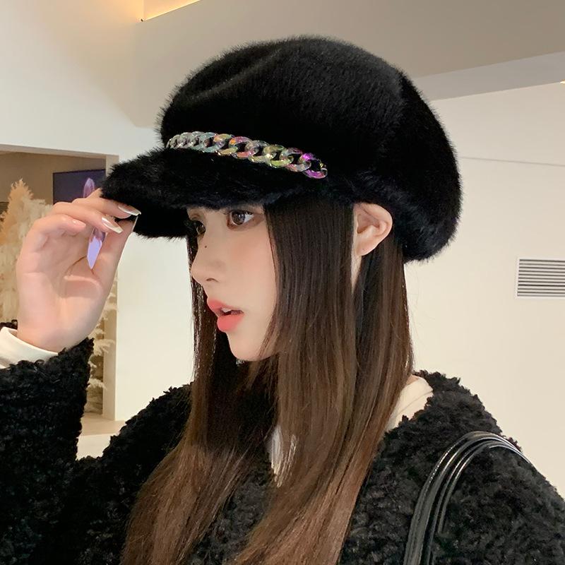 Hat Women's Autumn and Winter Imitation Mink Hair Color Chain Beret Plus Velvet Thickened Windproof and Warm Hat Art Retro Octagonal Hat