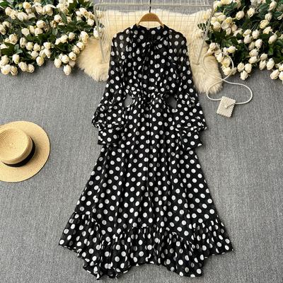 Polka Dot Long Dresses A-line Chiffon Spring Autumn Elegant Vestidos Largos Ruffles Lace Up Sweet Women Dress
