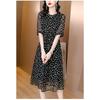 Dames Zwarte Bloemen Chiffon Midi Jurk Gerimpelde Hals Halve Mouw Taille met Trekkoord Casual Jurk