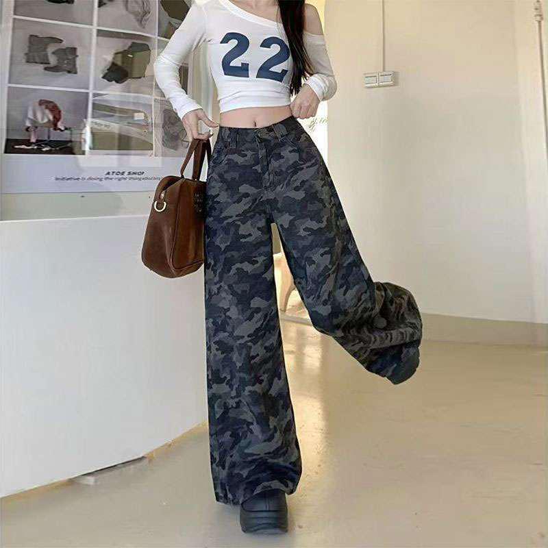 2026 Autumn Women's High Waist Plus Size Camouflage Wide Leg Jeans