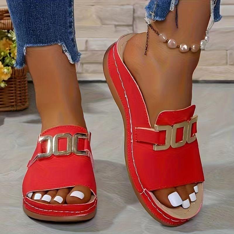 Sandali Donna Fibbia Metallica Punta Aperta Zeppa Suola Spessa Pantofole Taglie Forti Scarpe Casual Semplici