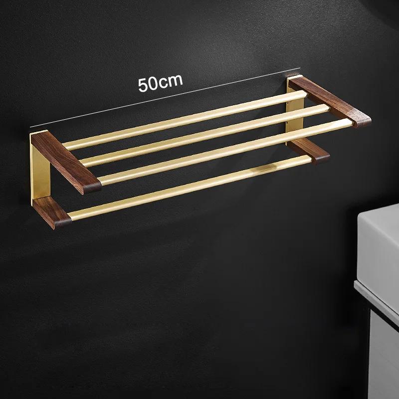 Golden Bathroom Shelves Bathroom Wood Towel Rack Wall Mounted Storage Towel Bar Pole Slippers Rack Tripod Toilet Paper Shelf