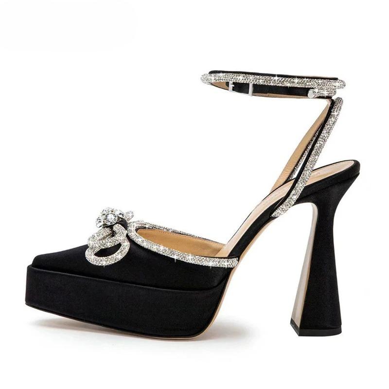High Heels Damen Pumps Mode Schmetterlingsknoten Kristall Spitz Zehenbereich Plateau Klobig Party Ballschuhe
