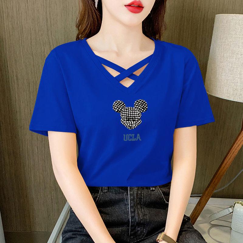 Women's 100% Pure Cotton Crossover V-Neck Short Sleeve T-Shirt - 2024 Korean Casual Summer Fashion Trend