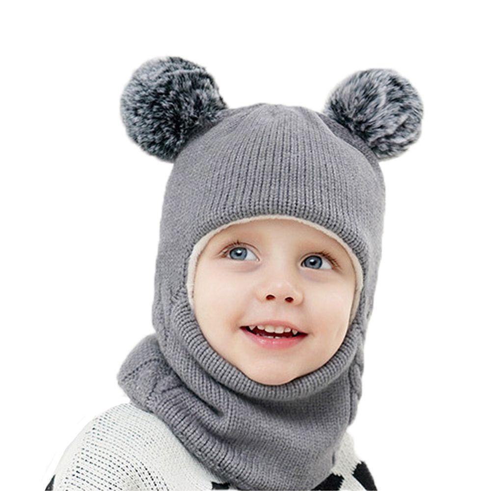 

with Pompom Thick Warm Cute Kids Knitted Cap Baby Winter Hat Cotton Hood Scarf Infant Bonnet сірий