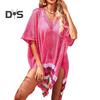 Women Bikini Cover Up V-Neck Drop-shoulder Sleeves Hollow Beachwear Dress Side Split Color Block Crochet Swimsuit Cover-ups