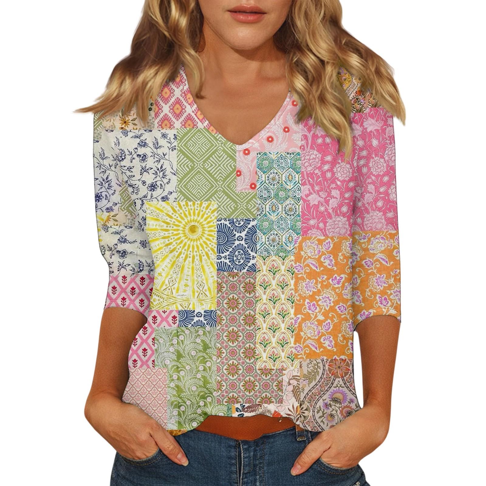 

Women s Casual Fashion Sexy Comfortable V-Neck Floral Seven Sleeve Top XL